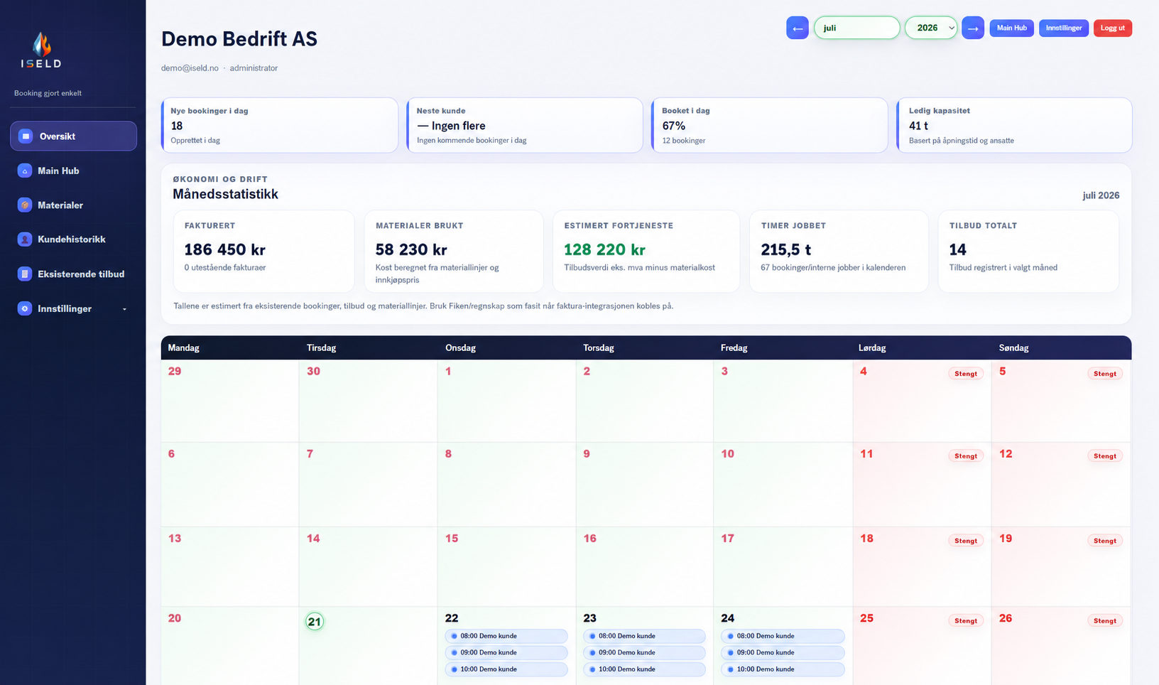 Demo av Iseld-dashboard med kalender, statistikk og fiktive kundebookinger